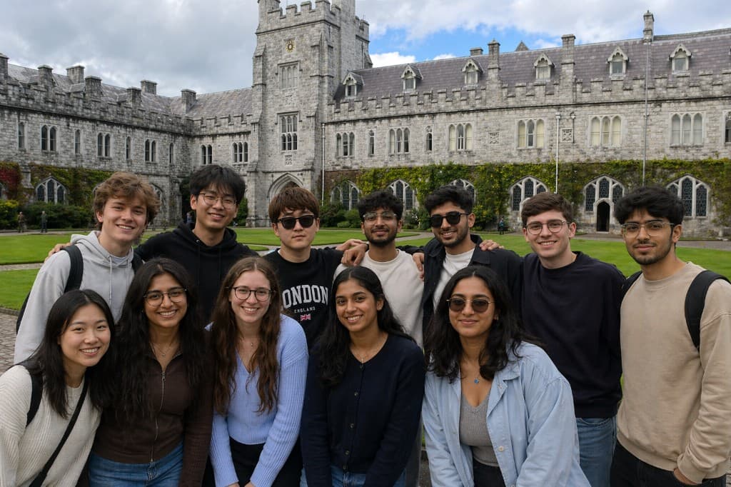 Group of computer science students in front of University College Cork main quad